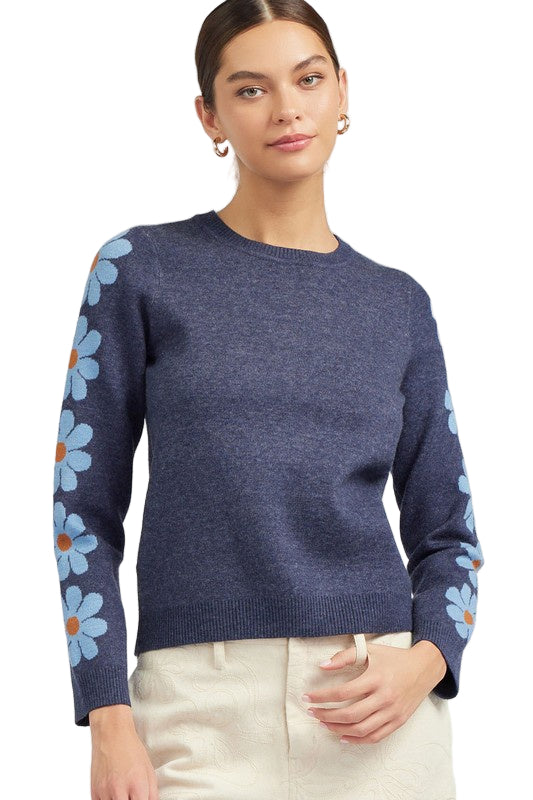 Flower Sleeve Blue Sweater