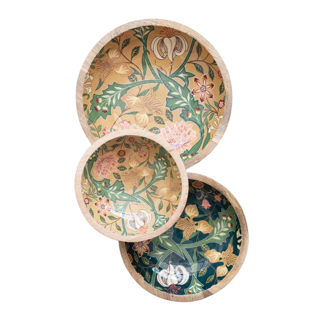 Enameled Floral Mango Wood Bowl (medium)