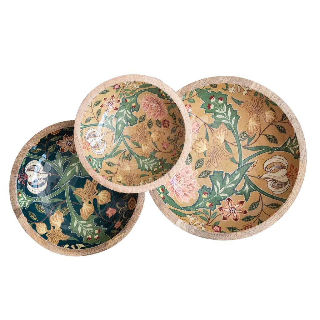 Enameled Floral Mango Wood Bowl (small)