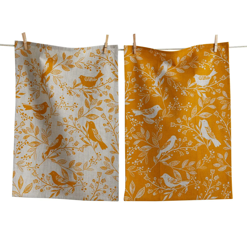 Ochre Birds & Vines Cotton Dish Towels (Set of 2)