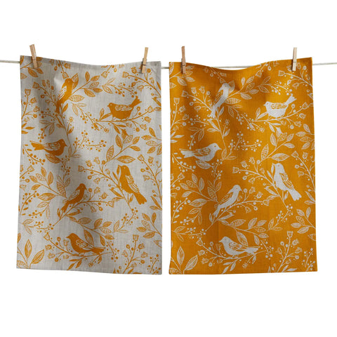 Ochre Birds & Vines Cotton Dish Towels (Set of 2)
