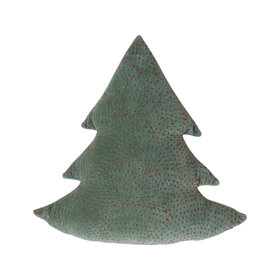 Green Kantha Stitch Tree Pillow